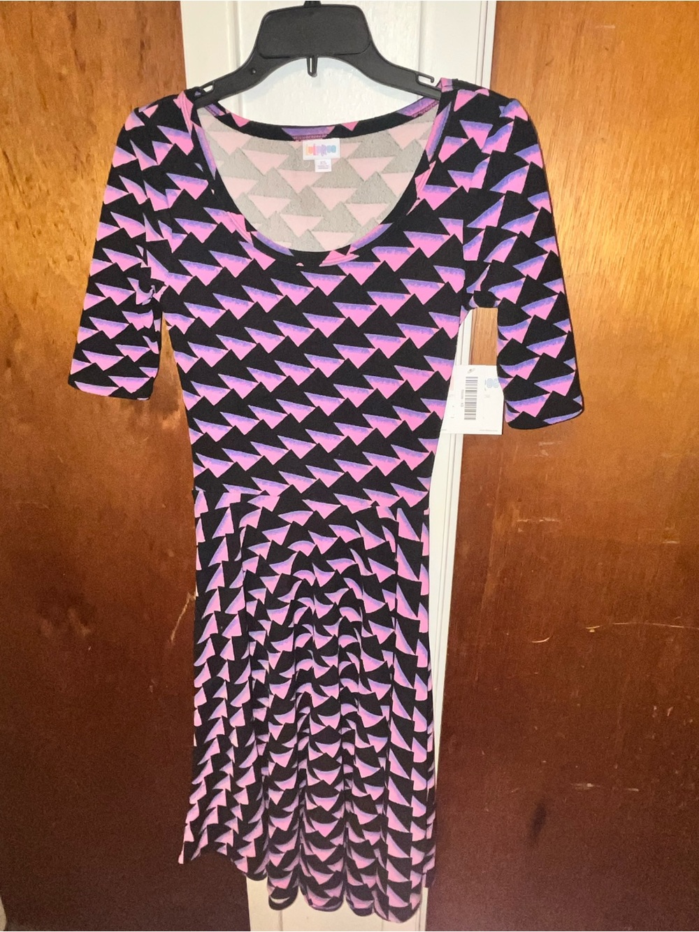 Nicole Black with Pink & Purple Geometric Fit-and-Flare Dress